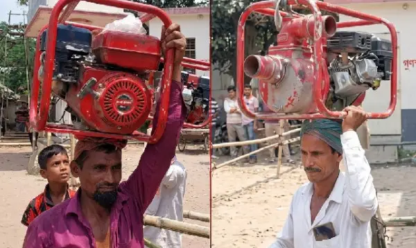 শরীয়তপুরে শ্যালো মেশিন কাঁধে নিয়ে ফিলিং স্টেশনে তেল নিতে গেলেন কৃষকরা
