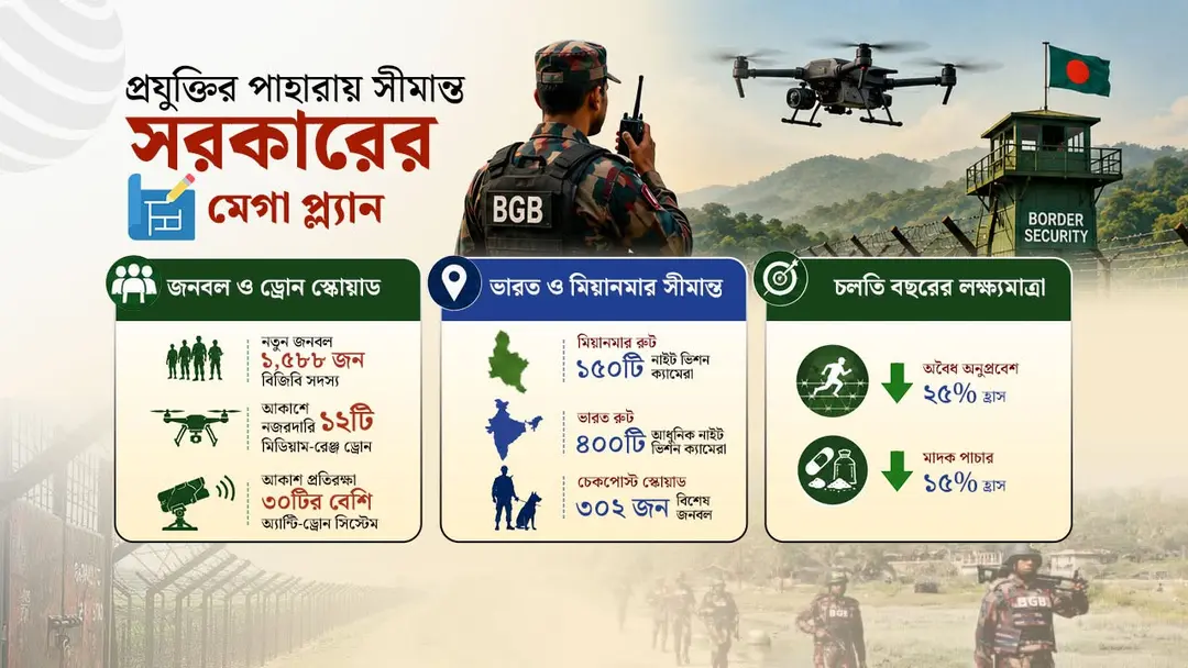 সীমান্ত সুরক্ষায় প্রযুক্তিনির্ভর নজরদারি: বিজিবিতে নতুন জনবল, ড্রোন ও অ্যান্টি-ড্রোন ব্যবস্থা
